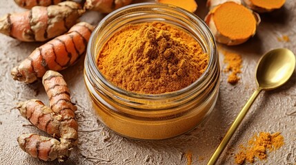 Close-up of turmeric roots and powder in a jar, showcasing natural health, nutrition, and organic spice concepts.