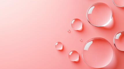Elegant Water Droplets on Pink: A collection of clear, spherical water droplets rests elegantly on a soft pink surface, each glistening with a subtle luminosity.