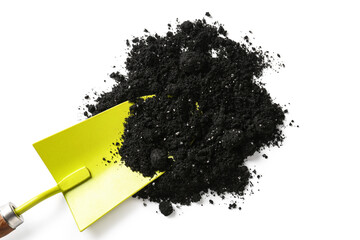 Gardening shovel with soil isolated on white background