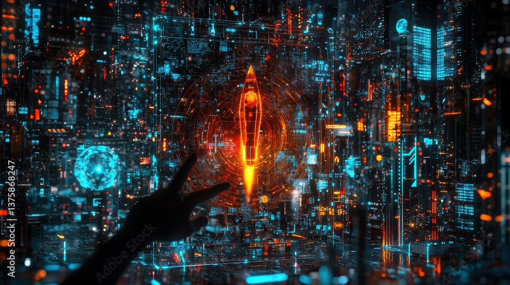 Poster futuristic digital interaction virtual city 3d render high-tech environment close-up view cybernetic