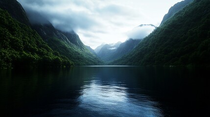 Mystical fjord landscape with verdant mountains and reflective water surface