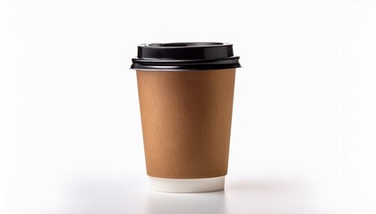 a brown paper coffee cup with a black lid isolated on a white background