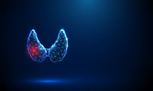 Abstract blue human thyroid gland with red spot. Thyroid diseases, medical treatment, thyroid disorders, diagnosis concept. Low poly style.