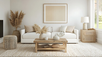 A living room with a white couch, coffee table, and a framed picture on the wall