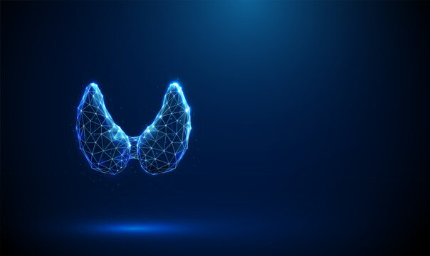 Abstract blue human thyroid gland with bottle, medical pills. Thyroid disorders, healthcare protection, medical treatment concept. Low poly geometric background, wireframe futuristic style. Vector.