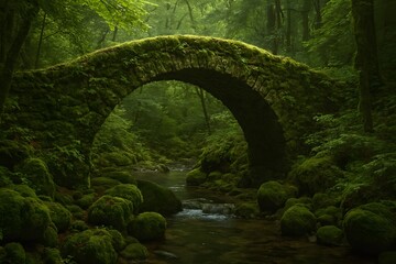 Ancient stone bridge in a lush, green forest setting.