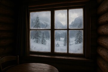 Fototapeta premium Cozy cabin view with snowy mountains outside the window.