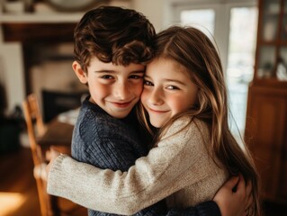 Obraz premium National Siblings Day with siblings hugging, exchanging gifts, capturing a moment of love and togetherness