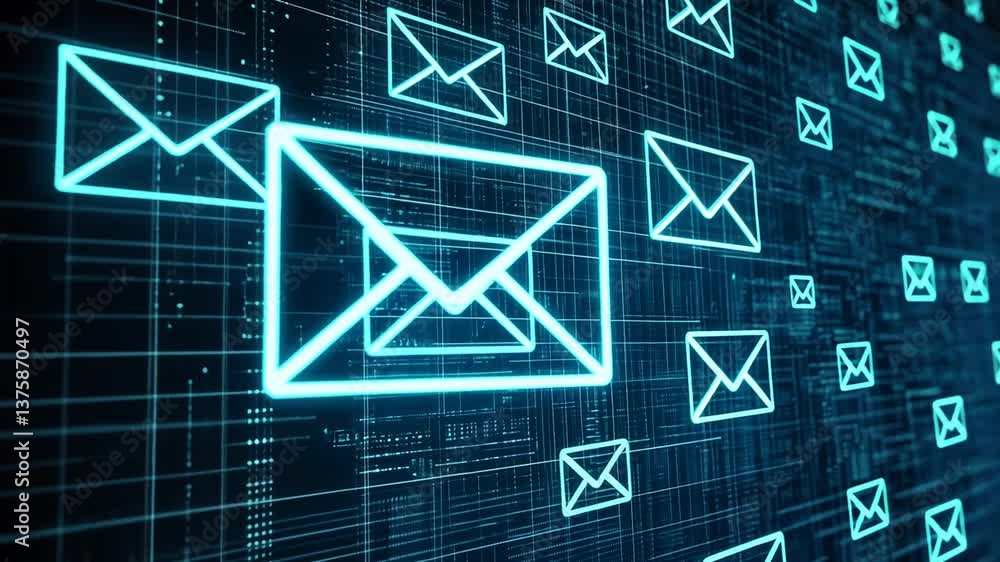 Poster digital communication: animated glowing envelopes symbolizing data transfer and e-mail exchange
