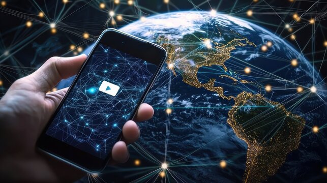 Exploring global connectivity smartphone interaction with earth digital media nighttime aerial view technology insights