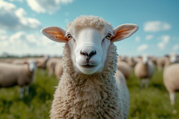 Obraz premium Portrait of a cute sheep on a pasture with a flock in the background. presence of both livestock and meadows represents harmonious relationship between happy sheep, lush fields