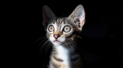 Fototapeta premium Curious cat observes shadows indoor setting close-up photography low light environment captivating expressions