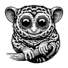 Obraz premium Tarsier sketch engraving black and white outline. Scratch board imitation. illustrated in vintage line art style on a white background.