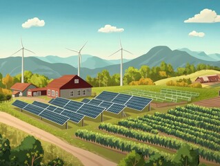 Solar panels and wind turbines in a scenic rural landscape, highlighting the importance of renewable energy and sustainability