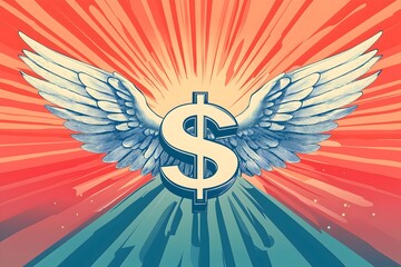 Vector art representation of a dollar sign with wings, symbolizing wealth and freedom in a vibrant, dynamic design