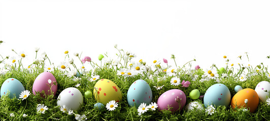 Fototapeta premium Pastel Polka Dot Easter Eggs Amidst Green Grass And Daisy Flowers on Transparent BG
