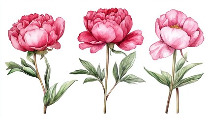 Elegant Watercolor Peonies Pink Flowers Botanical Illustration Floral Design Romantic Nature Painting Pretty Blossom Spring Summer Garden Decoration  
