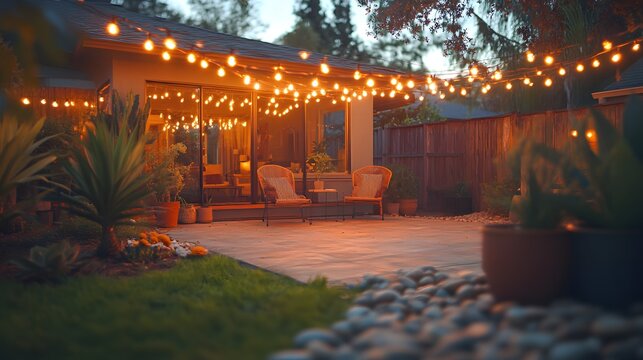 Warm string lights with vintage Edison bulbs hang at dusk, casting cozy glow over patio with modern house backdrop for romantic twilight charm.