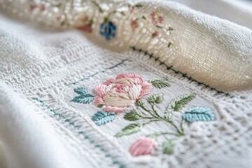 Delicate hand-embroidered floral design on white fabric, showcasing intricate stitchwork and pastel colors.
