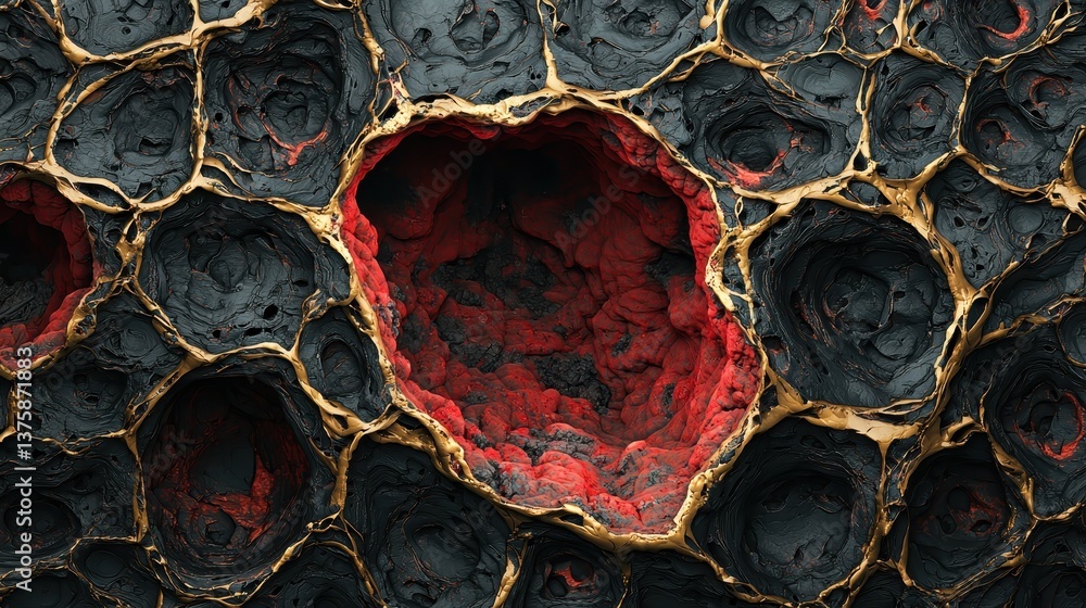 Poster abstract close-up of textured black and red formations, resembling honeycomb or geological structure
