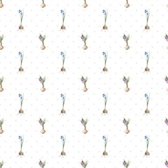 Flowers pattern seamless with purple bulbous spring flowers on a white  background. Ideal for spring,  gifts for  gardener, home decor, holiday, fabric, gift paper, packaging, women’s day. 