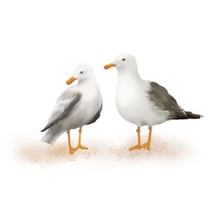 A realistic digital illustration of two seagulls standing on a sandy surface. Their white and gray feathers, orange beaks, and legs are finely detailed. The soft shading gives a natural and elegant 