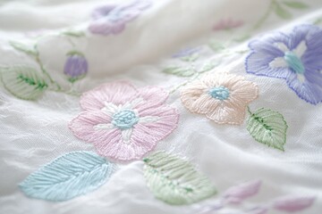 Delicate pastel embroidered flowers on white fabric, creating a soft, elegant design.
