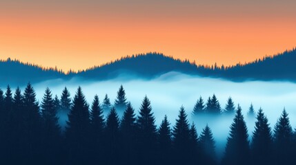 Obraz premium A tranquil forest scene at sunrise, with silhouettes of trees against a colorful sky and mist rolling through the landscape.