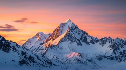 Fototapeta premium A stunning snow-capped mountain peaks against a colorful sunset, showcasing nature's grandeur and beauty in a tranquil, serene landscape.