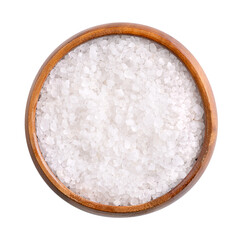 Coarse Dead Sea salt in wooden bowl, isolated, from above. Crystalized salt extracted from the Dead...