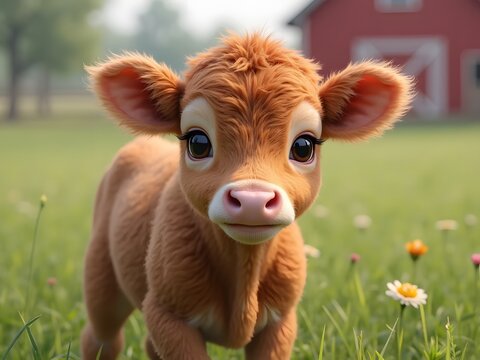 Fluffy Calf’s Innocent Gaze: A close-up of a young dairy calf with fluffy brown fur and large, innocent eyes, standing in a lush green pasture with a blurred red barn in the background.