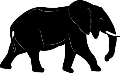 Silhouette of an elephant on a white background. Massive body, long trunk, big ears and strong legs. An image of strength, greatness and wisdom.