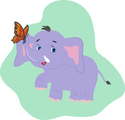 Little elephant playing with butterfly. Mammal animal with big ears and trunk for kids.