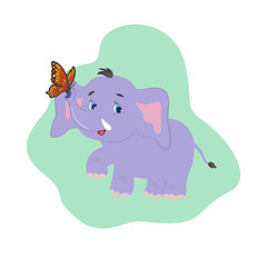 Little elephant playing with butterfly. Mammal animal with big ears and trunk for kids.