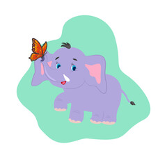 Little elephant playing with butterfly. Mammal animal with big ears and trunk for kids.