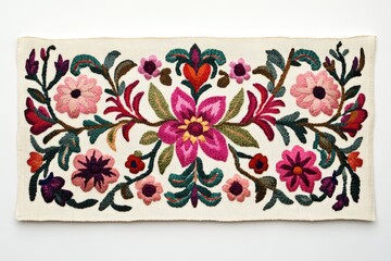 Hand-embroidered floral textile showcasing vibrant pink, red, and green flowers in a symmetrical design.