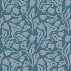 Monochrome blue brush strokes inky flowers seamless pattern. Abstract loose florals minimal background. Textured botanical minimalist wallpaper