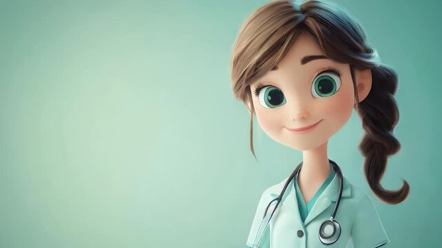 A cheerful animated female doctor with big green eyes and a stethoscope smiles warmly against a teal background