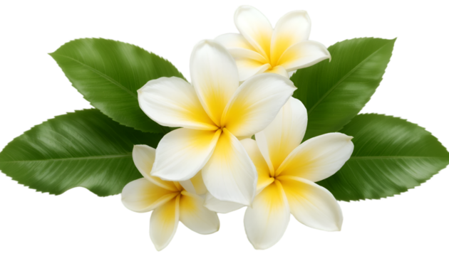 Remove BG
Delicate white and yellow plumeria blossoms, isolated on a transparent background—ideal for tropical decor, beauty products, and floral arrangements