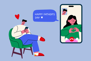 Father's Day illustration. Virtual celebration. Happy dad. Video call with daughter. Heart gesture. Modern family connection concept