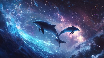 Naklejka premium Dolphins swim through a celestial ocean of stars and nebulae