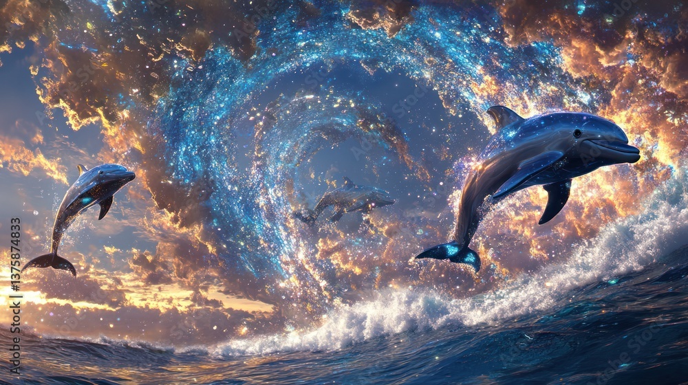 Wall mural dolphins leaping from ocean waves into an enchanting celestial swirl