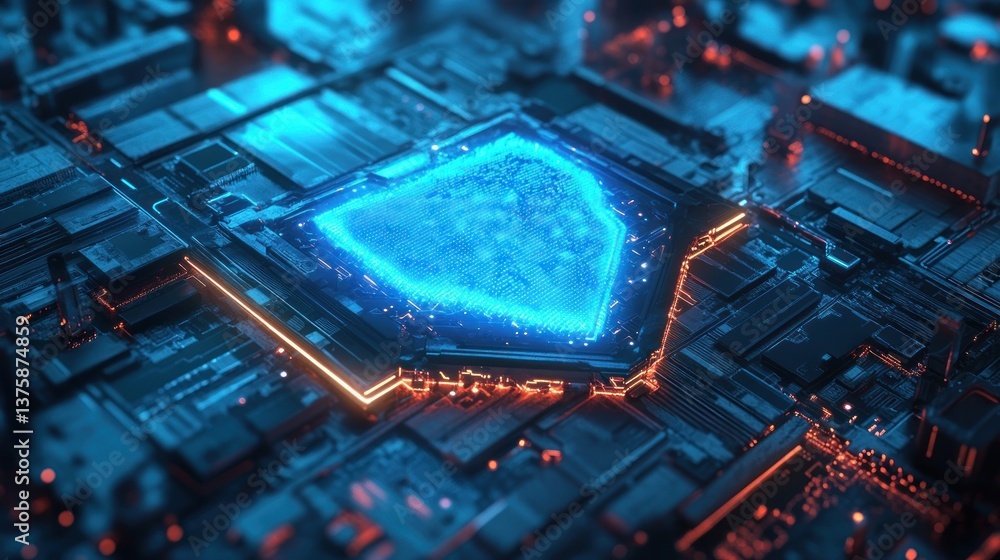 Poster intricate cybersecurity visualization representing a digital fortress defense system