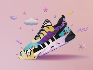 Vector realistic illustration of a colorful sneaker shoe. Sport contemporary fashion illustration with Memphis style patterns.