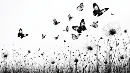 Dandelions and Butterflies in Black and White Artistic Illustration Against White Backdrop
