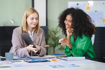 Designer brainstorming meeting concept design ideas at office.