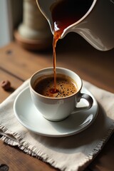 Pouring coffee white cup on wooden table