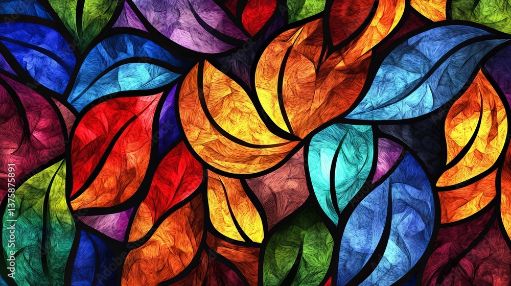 Poster vibrant colorful abstract leaf design artistic stained glass style pattern background texture digita