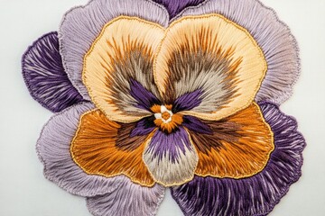 Intricate embroidery depicting a pansy flower with vibrant colors and detailed texture.