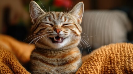 Laughing Tabby Cat Wrapped in Warm Cozy Blanket at Home